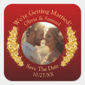 Ihr Foto, Datum speichern, goldene Blumen Kastanie Quadratischer Aufkleber (Vorderseite)