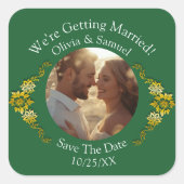 Ihr Foto, Datum speichern, Smaragdgrün & Gold Quadratischer Aufkleber (Vorderseite)