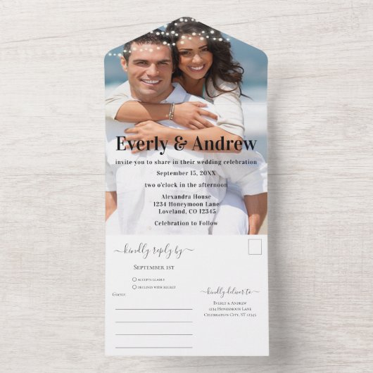 Ihr Foto Einfache moderne String Lights Hochzeit All In One Einladung (Innen Boden)