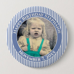 Ihr Foto Einfache Streifen Muster Blau/Weiß Button