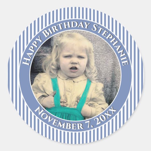 Ihr Foto Einfache Streifen Muster Blau/Weiß Runder Aufkleber (Vorderseite)