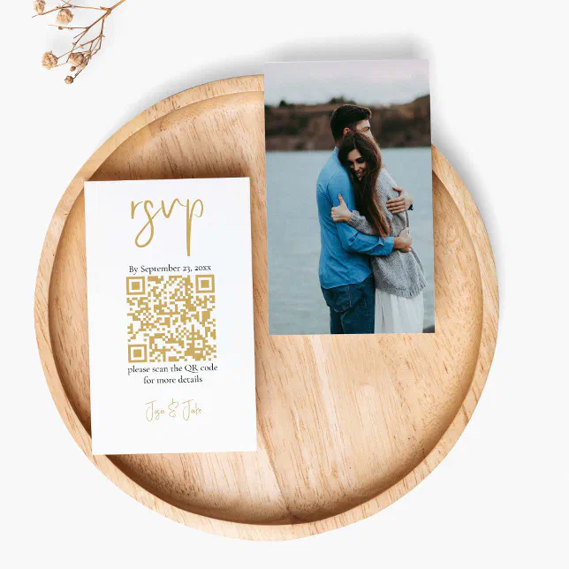 Ihr Foto Gold QRCode Schwarze Hochzeit RSVP Begleitkarte Zazzle.de