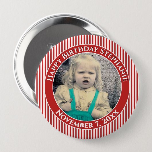 Ihr Foto mit einfachen Streifen rot/weiß Button (Vorne & Hinten)