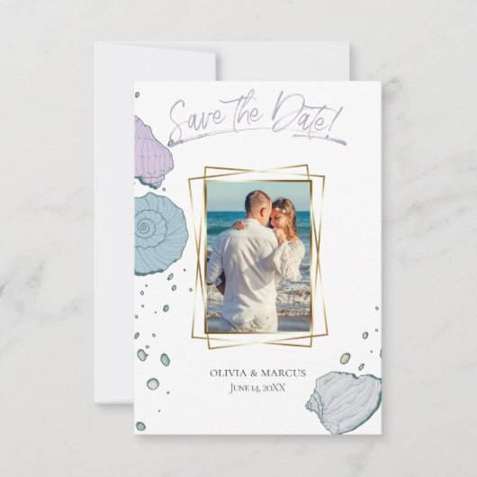 Ihr Foto Modern Seashells Lilac Dusty Blue Einladung (Vorderseite)