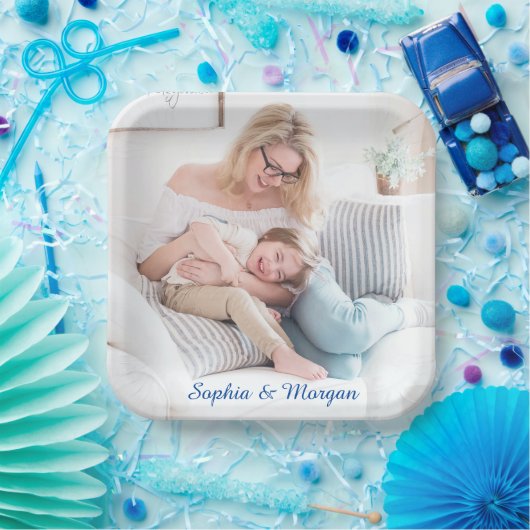 Ihr Foto & Name(n) in Blue Script Pappteller (Party)