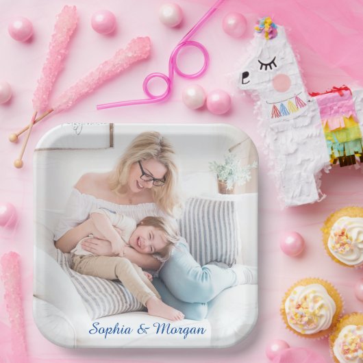 Ihr Foto & Name(n) in Blue Script Pappteller (Party)