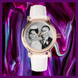 Ihr Foto Name Rose Gold Frauen Weiß Band Handgelen Armbanduhr