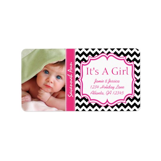 Ihr Foto New Baby It a Girl PINK Trendy Zig Zag Adressaufkleber (Vorne)