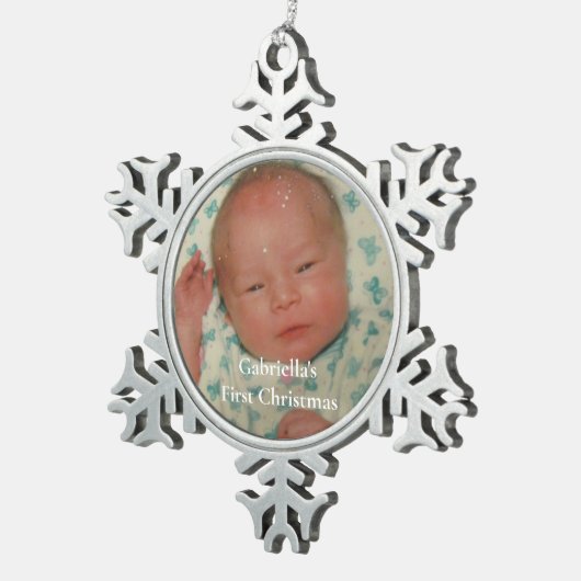 Ihr Foto Personalisiertes Baby Erste Weihnachten Schneeflocken Zinn-Ornament (Rechts)