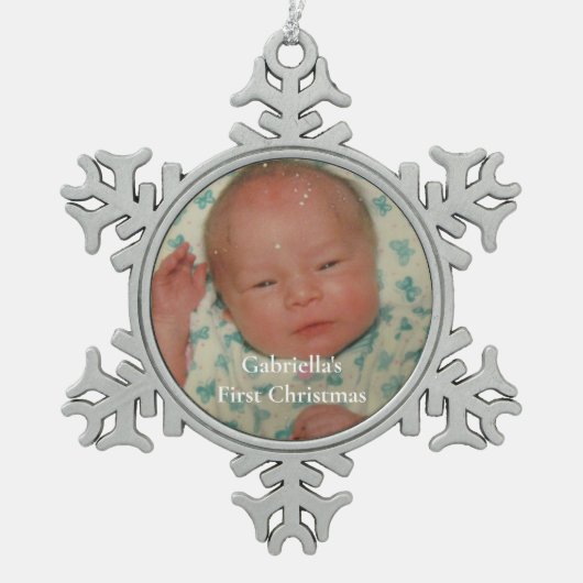 Ihr Foto Personalisiertes Baby Erste Weihnachten Schneeflocken Zinn-Ornament (Vorderseite)