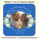 Ihr Foto, Save the Date, Cobalt Blue & White Quadratischer Aufkleber