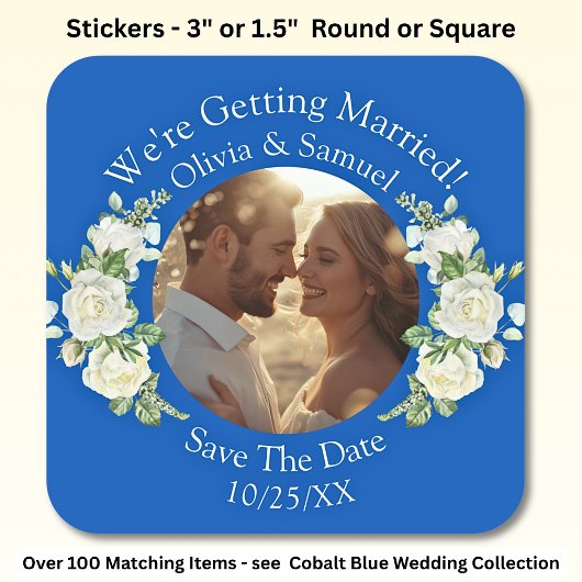 Ihr Foto, Save the Date, Cobalt Blue & White Quadratischer Aufkleber