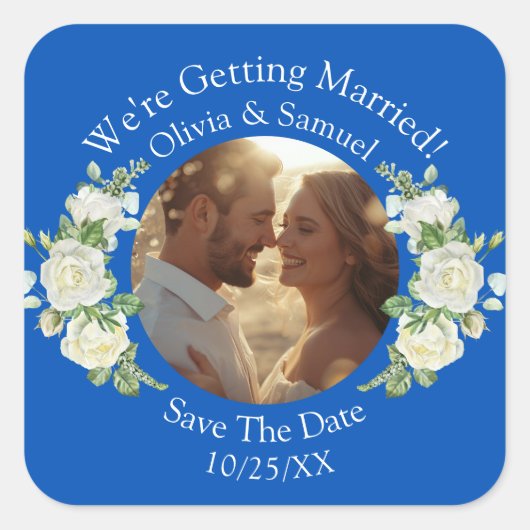 Ihr Foto, Save the Date, Cobalt Blue & White Quadratischer Aufkleber (Vorderseite)