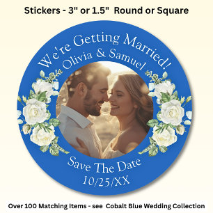 Ihr Foto, Save the Date, Cobalt Blue & White Runder Aufkleber