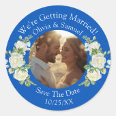 Ihr Foto, Save the Date, Cobalt Blue & White Runder Aufkleber (Vorderseite)