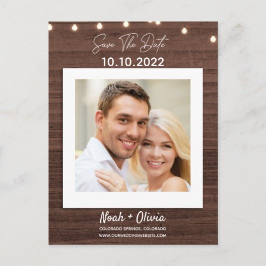 Ihr Foto Twinkle Licht Rustikales Holz Save the Da Ankündigungspostkarte (Vorderseite)