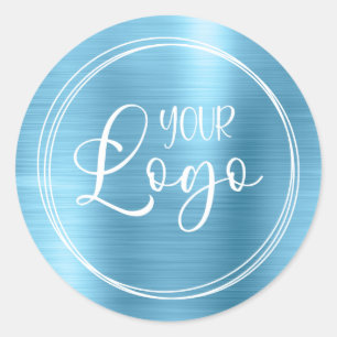 Ihr Geschäft-Logo hier Metallisches Babyblau Runder Aufkleber