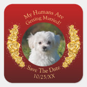 Ihr Haustierfoto, Datum speichern, goldene Blumen Quadratischer Aufkleber (Vorderseite)