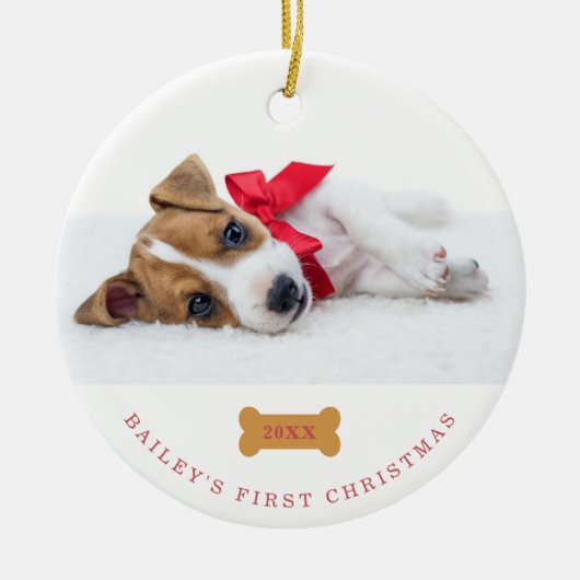 Ihr Hund ist das erste Weihnachten | Weiß mit zwei Keramik Ornament (Vorne)