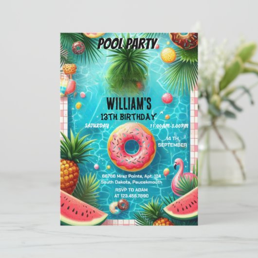 Ihr Junge Wasser blau Cool Pool Party 13. Geburtst Einladung (Stehend Vorderseite)