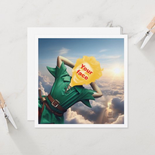 Ihr Kind als Peter Pan fliegt hoch, märchenhaft Karte (Vorderseite/Rückseite Beispiel)