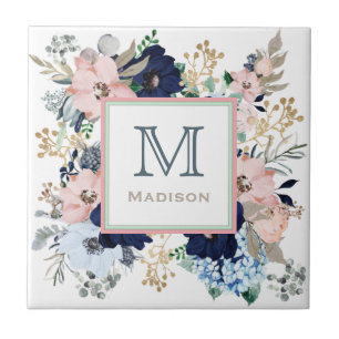 Ihr Lieblings Blaue und Rosa Rosen Monogramm Fliese