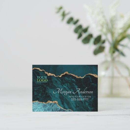 Ihr Logo Aquamarin Agate Gold Blk Elegant Beruflic Visitenkarte (Stehend Vorderseite)