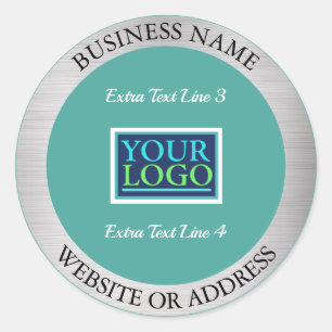 Ihr Logo Bus. Promo, Info, Silber Metall & Türkis Runder Aufkleber