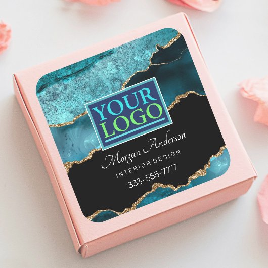 Ihr Logo, Geschäftsabteilung, Aquamariner Black &  Quadratischer Aufkleber