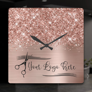 Ihr Logo Glänzendes Roségold Glamour Quadratische Wanduhr