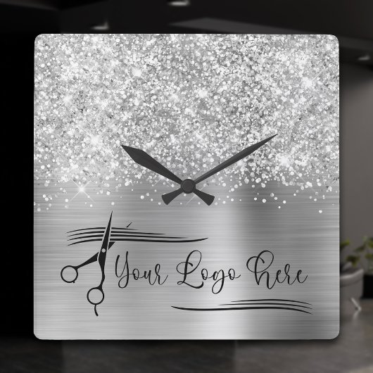 Ihr Logo Glittery Silver Glam Quadratische Wanduhr