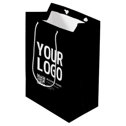 Ihr Logo mit editierbarem QR-Code und Text Mittlere Geschenktüte (Vorderseite Schrägansicht)
