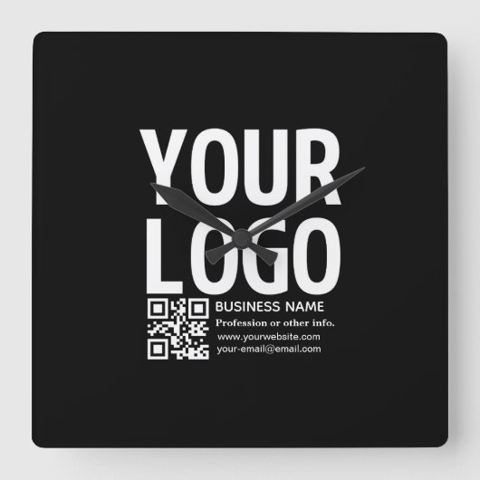 Ihr Logo mit editierbarem QR-Code und Text Quadratische Wanduhr (Vorderseite)