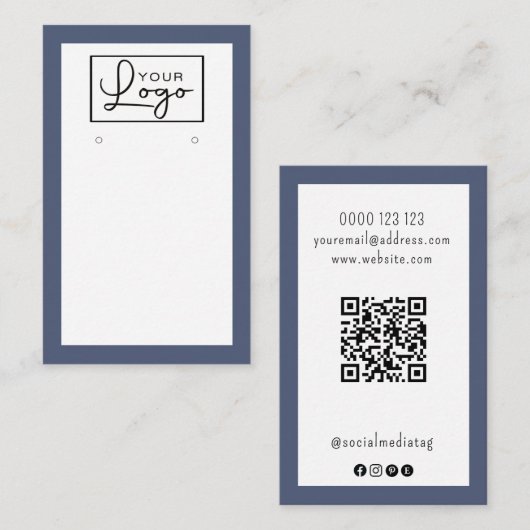 Ihr Logo Navy Blue Border Earring Card QR Code Visitenkarte (Vorne/Hinten)