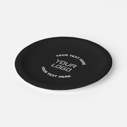 Ihr Logo oder Bild und bearbeiteter Text | Schwarz Pappteller (Schrägansicht)