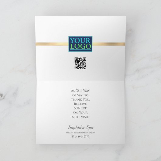 Ihr Logo, QR-Code, Bus. Name, Brushed Gold Strip Dankeskarte (Innenseite)