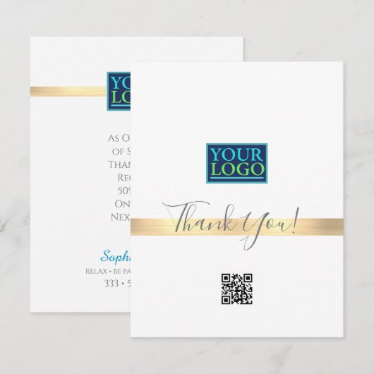 Ihr Logo QR Code Bus Name, Goldrand, grau/blau Dankeskarte (Vorne/Hinten)