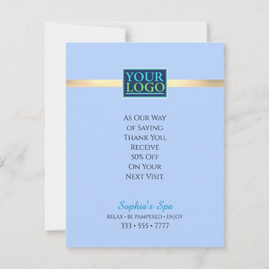 Ihr Logo QR Code Bus Name, Goldrand hellblau Dankeskarte (Rückseite)