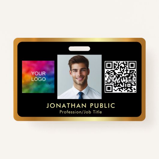 Ihr Logo QR Code Mitarbeiter Foto Black & Gold Ausweis (Vorderseite)