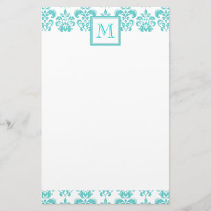 Ihr Monogramm, aquamarines Damast-Muster 2 Briefpapier