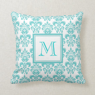 Ihr Monogramm, aquamarines Damast-Muster 2 Kissen