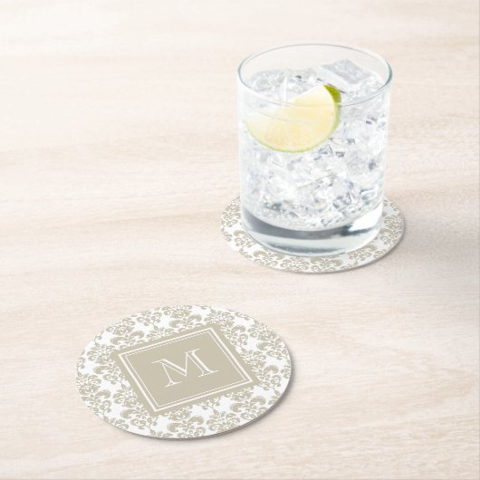 Ihr Monogramm, Beige Damaskusmuster 2 Runder Pappuntersetzer (Vor Ort)