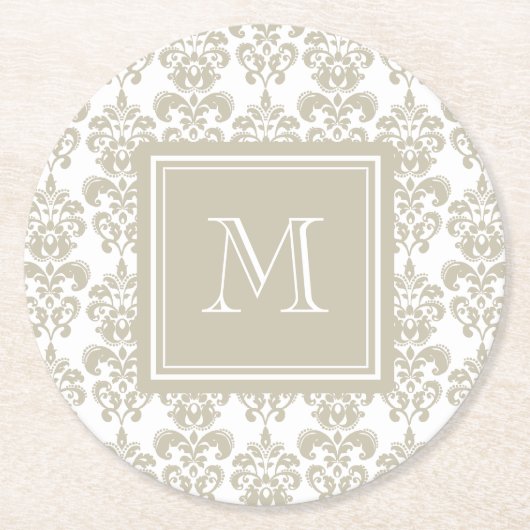 Ihr Monogramm, Beige Damaskusmuster 2 Runder Pappuntersetzer (Vorderseite)