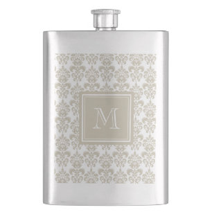 Ihr Monogramm, beige Damast-Muster 2 Flachmann