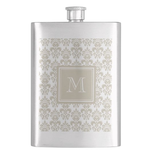 Ihr Monogramm, beige Damast-Muster 2 Flachmann (Vorderseite)