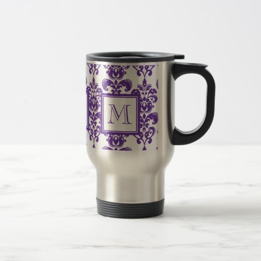 Ihr Monogramm, dunkles lila Damast-Muster 2 Reisebecher (Rechts)