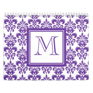 Ihr Monogramm, dunkles Purpur Damast-Muster 2 Kalender
