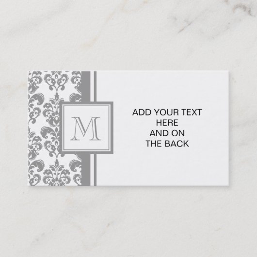 Ihr Monogramm, graues Damast-Muster 2 Visitenkarte (Vorderseite)