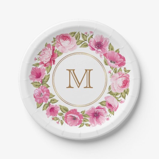 Ihr Monogramm in Blume-Rahmen-Tellern Pappteller (Vorderseite)