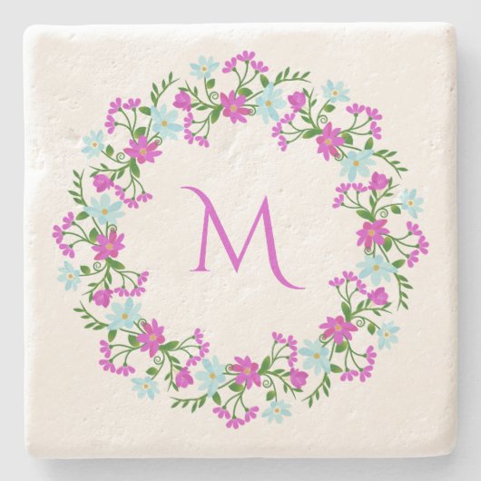 Ihr Monogramm in Blume-Rahmen-Untersetzer Steinuntersetzer (Vorderseite)